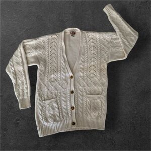 VTG 80s Red Camel Cable Knit Cardigan Sweater Shoulder Pads Cream Juniors Small